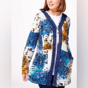 LOGO Lori Goldstein Cotton Cardigan Lace Trim Women's Size L Multicolor NWOT